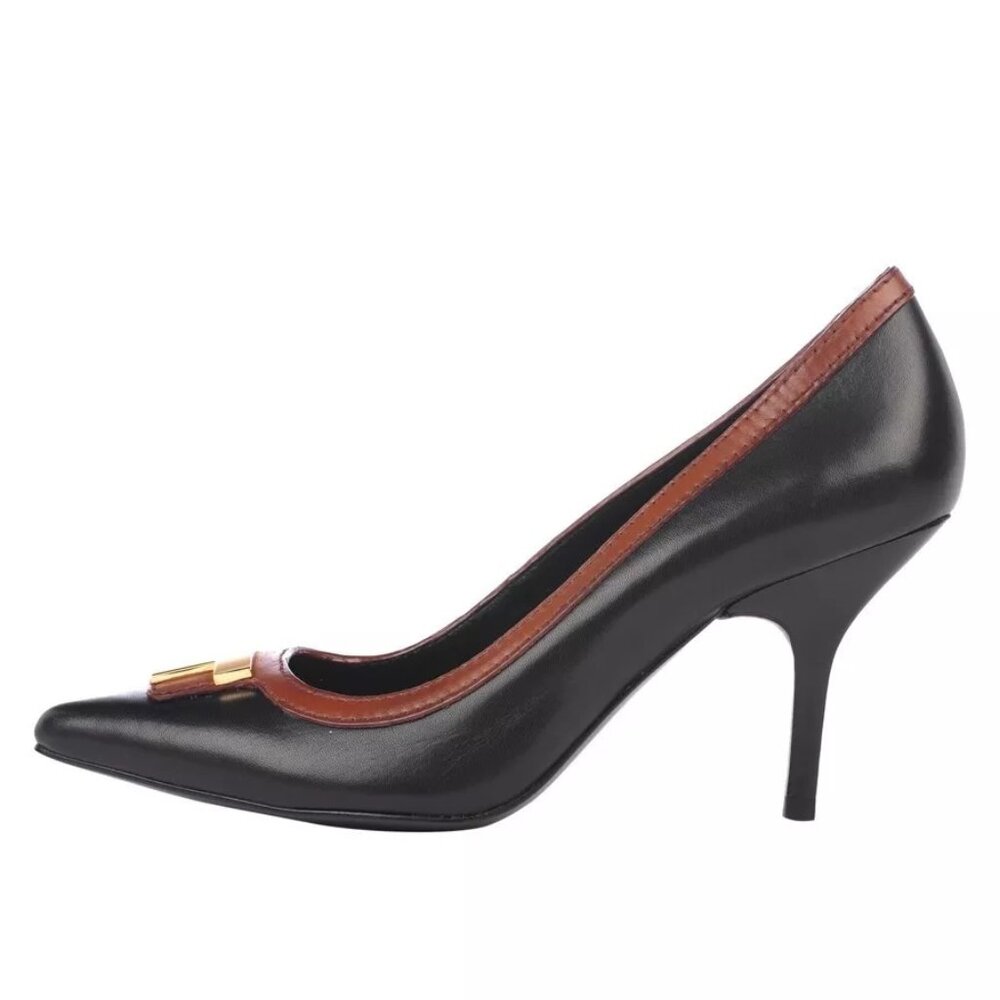 Tory Burch Erica Equestrian stiletto pumps in black & tan with gold metal T